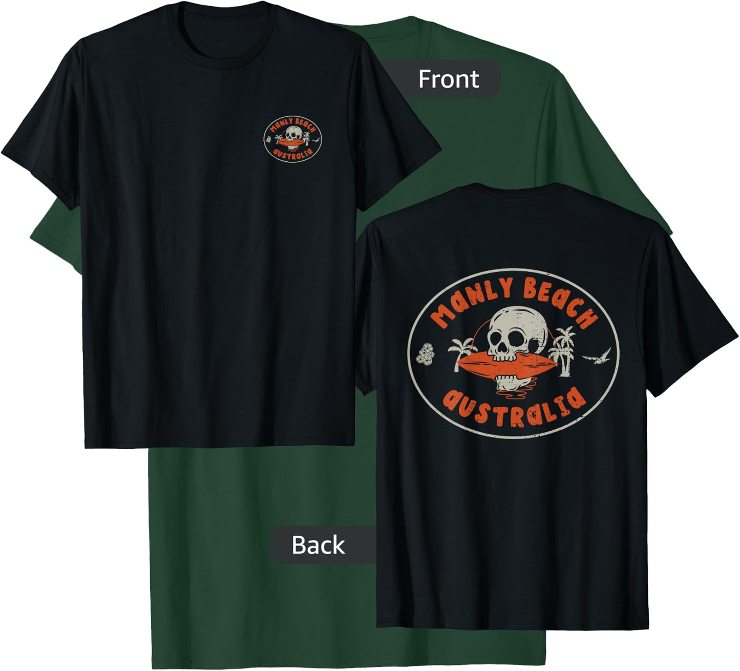 Manly Beach Australia Retro Surfer Beach Front & Back T-Shirt - T-Shirt | Forest