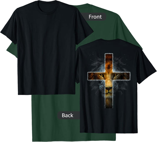 Christian Jesus Lion of Tribe Judah Cross Men Women ON BACK T-Shirt - T-Shirt | Forest