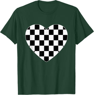 Checkered Love Heart Black White Cute Chess Game Women Men T-Shirt - T-Shirt | Forest