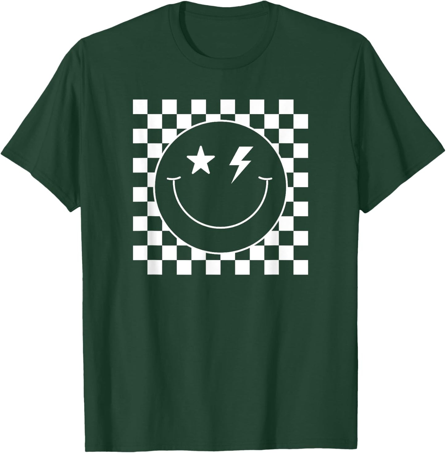 Checkered Lightning Eyes Smile Face Shirt Happy Face Cute T-Shirt - T-Shirt | Forest
