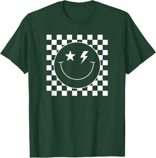 Checkered Lightning Eyes Smile Face Shirt Happy Face Cute T-Shirt - T-Shirt | Forest