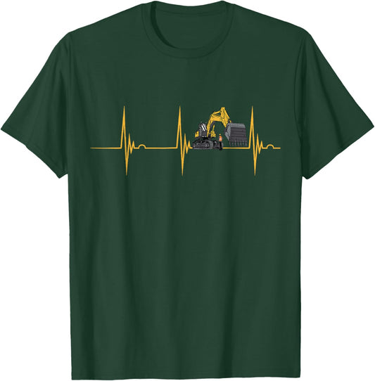 Excavator Heartbeat EKG Pulse Construction Vehicle Backhoe T-Shirt - T-Shirt | Forest