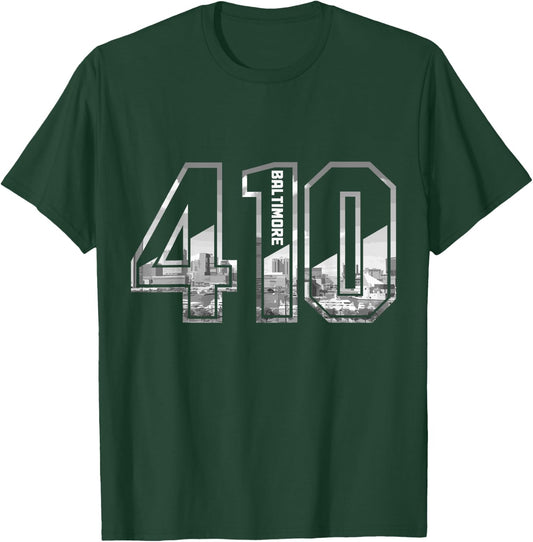 Baltimore Maryland 410 Area Code Pride Skyline Vintage T-Shirt - T-Shirt | Forest