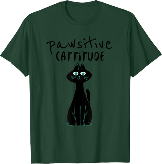 Cat Humor Pawsitive Cattitude Pun Positive Attitude Cute Women T-Shirt - T-Shirt | Forest