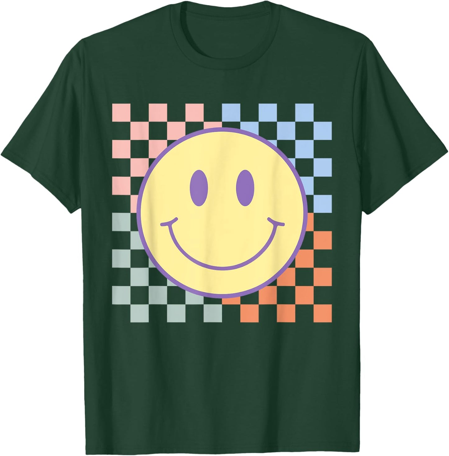 Retro Happy Face Shirt Checkered Pattern Smile Face Trendy T-Shirt - T-Shirt | Forest