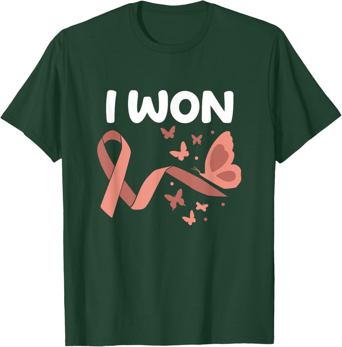 Peach Ribbon For Endometrial Cancer Awareness I Won! Endometrial Cancer Survivor. Butterflies Version Women's Black Cotton Polyester Blend Classic Fit Short Sleeve - Small T-Shirt - T-Shirt | Forest
