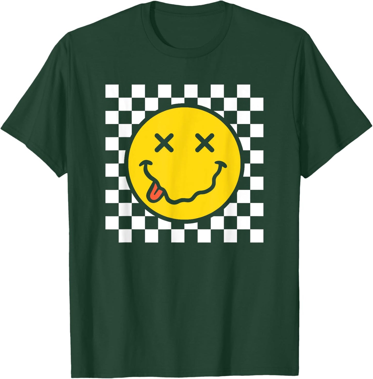 70s Yellow Smile Face Funny Tongue Out Checkered Happy Face T-Shirt - T-Shirt | Forest
