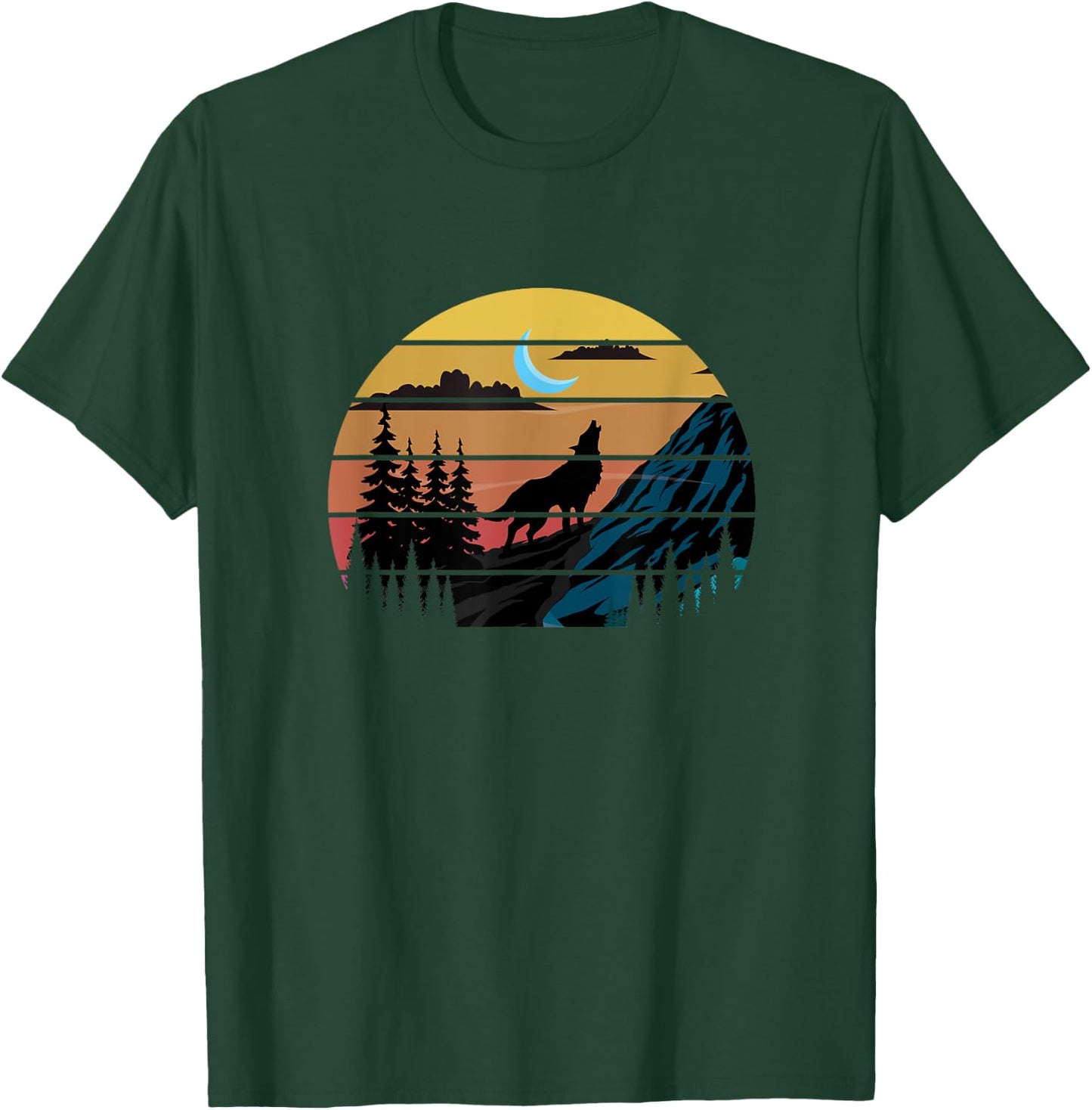 Retro Wolf Mountains Moon | Forest Nature | Wildlife T-Shirt - T-Shirt | Forest