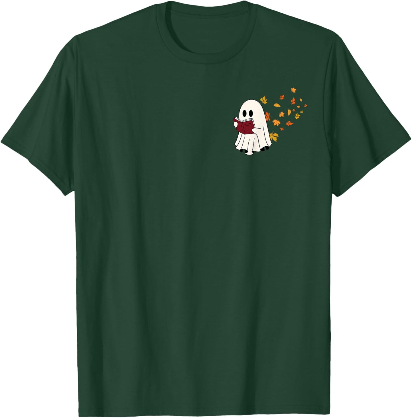 Cute Little Ghost Reading Book Under Fall Leaves Women Men T-Shirt - T-Shirt | Forest