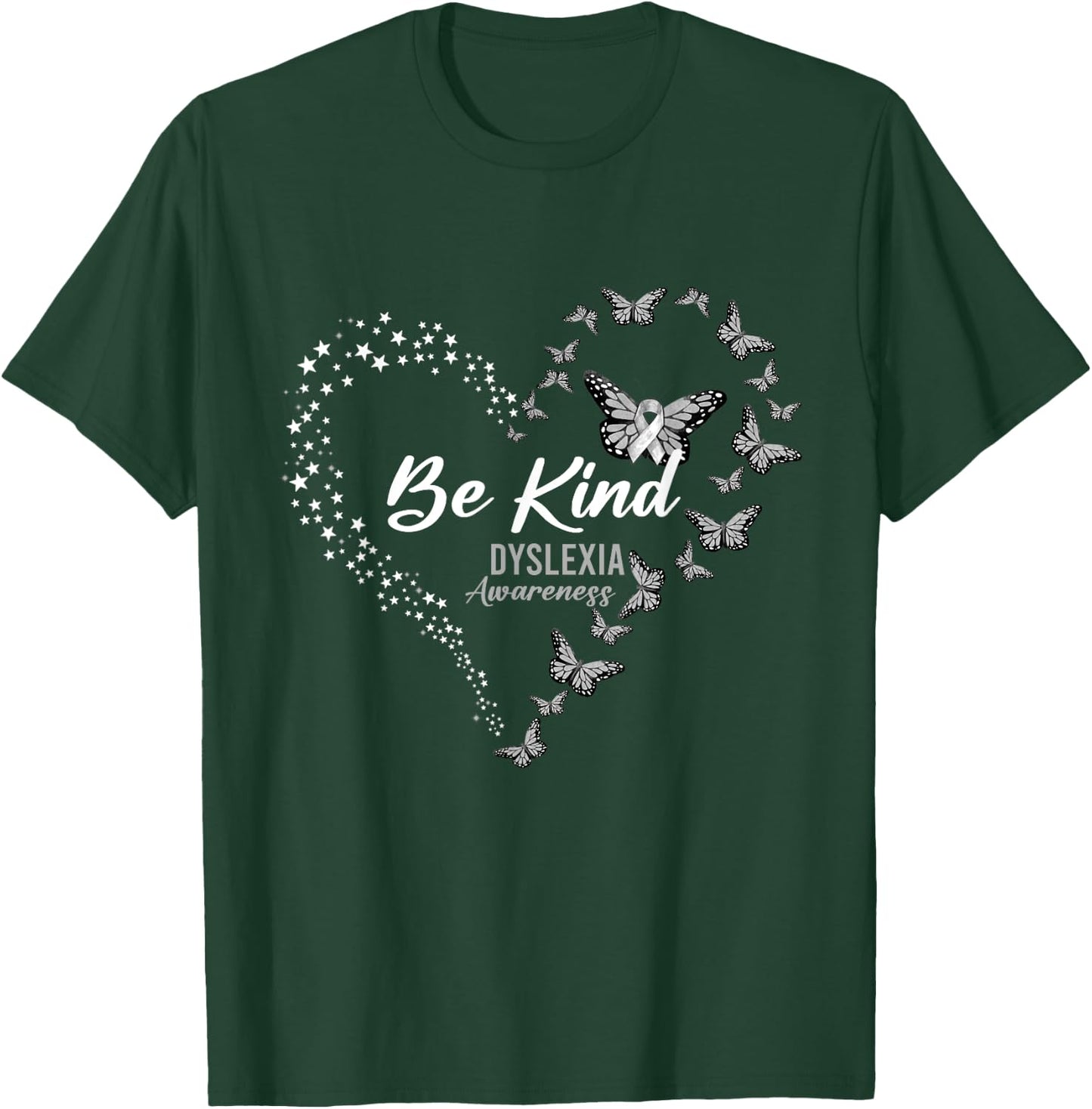 Butterfly Be Kind Gray Ribbon Dyslexia Awareness T-Shirt - T-Shirt | Forest