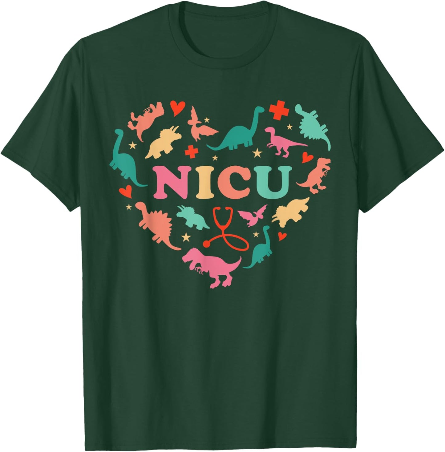 NICU Nurse Cute Colorful Dinosaur Heart Nurse Appreciation T-Shirt - T-Shirt | Forest