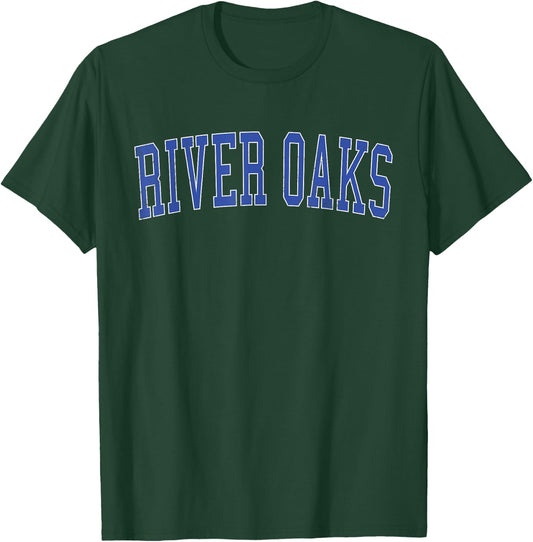 Vintage River Oaks TX Distressed Blue Varsity Style T-Shirt - T-Shirt | Forest