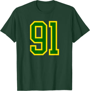 Green Yellow Sports Team Number #91 T-Shirt - T-Shirt | Forest