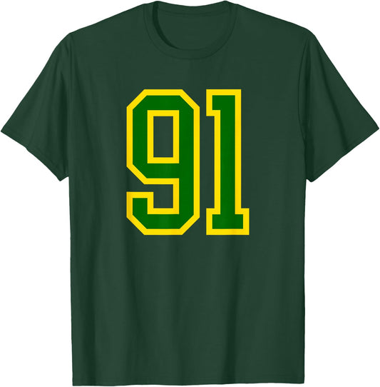 Green Yellow Sports Team Number #91 T-Shirt - T-Shirt | Forest