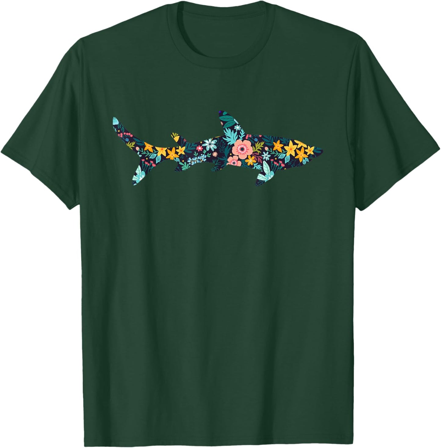 Floral Shark Silhouette Girls Graphic T-Shirt - T-Shirt | Forest