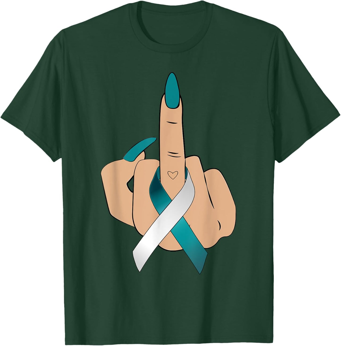 Middle Finger Woman Teal White Ribbon Cervical Cancer Women T-Shirt - T-Shirt | Forest