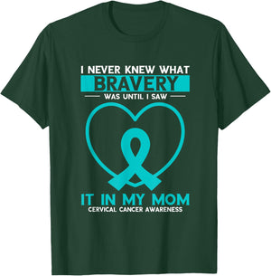 Mom Bravery White Teal Ribbon Cervical Cancer Awareness T-Shirt - T-Shirt | Forest
