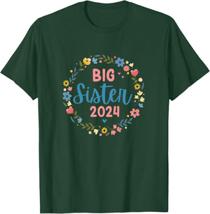 Promoted to big sister 2024 flower wreath finally big sis T-Shirt - T-Shirt | Forest