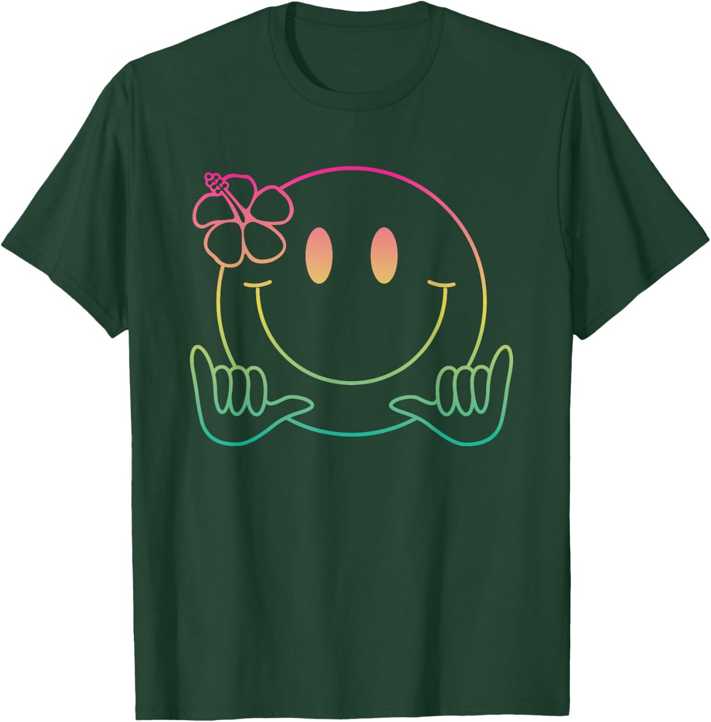 Hibiscus Shaka Smile Face Rainbow Happy Face Aloha Hawaiian T-Shirt - T-Shirt | Forest