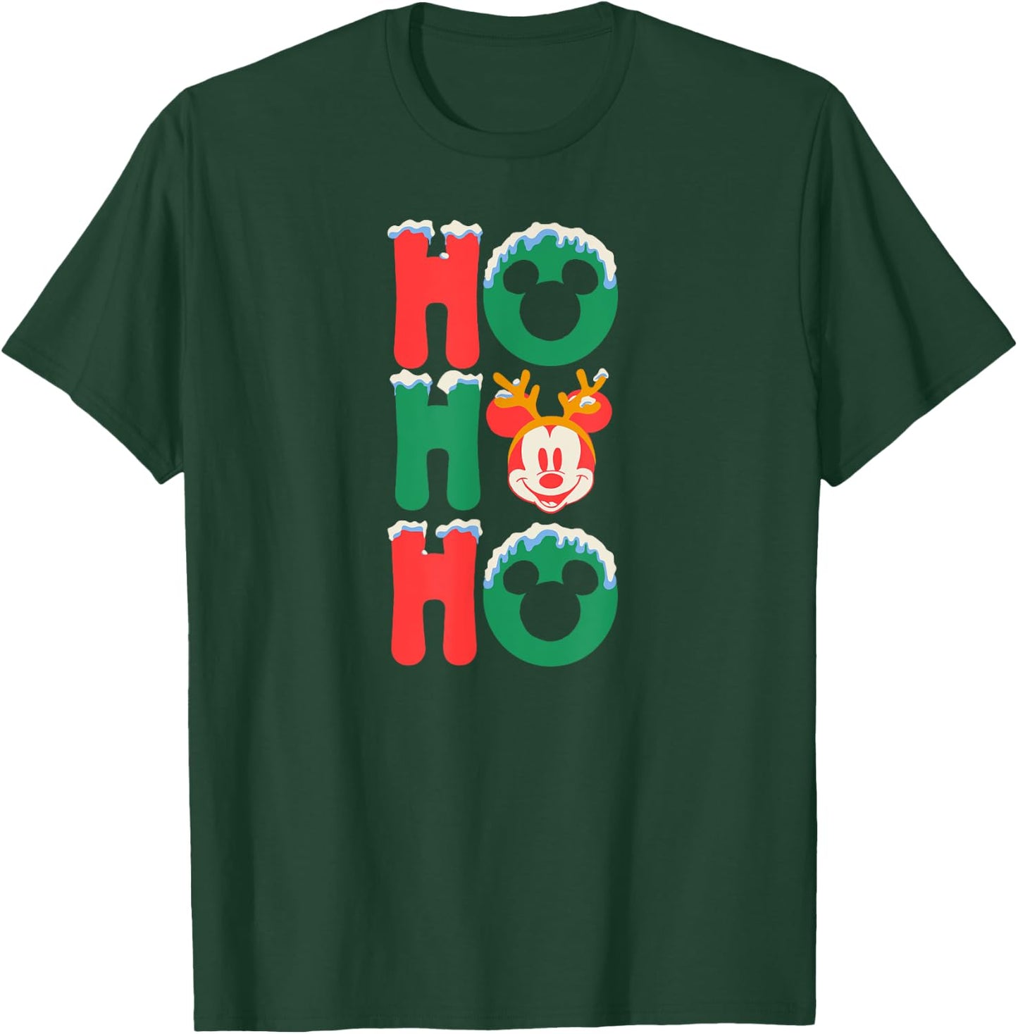 Amazon Essentials Men's Mickey Mouse Ho Ho Ho Snowy Christmas Antlers , Black Graphic Print, Small T-Shirt - T-Shirt | Forest