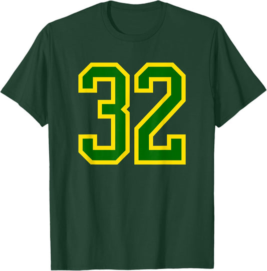 Jersey Number #32 Green Yellow Birthday Sports Number 32 T-Shirt - T-Shirt | Forest