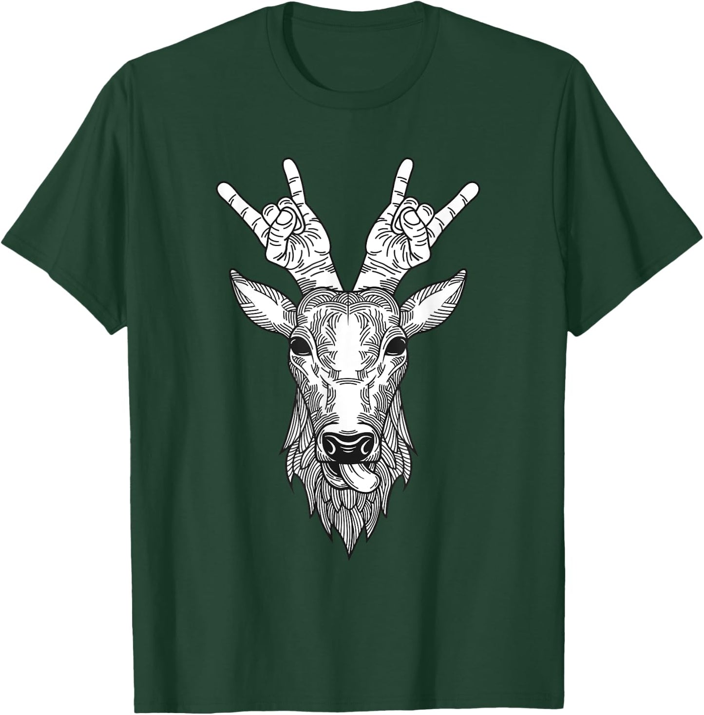 Funny Deer Head Hand Horns Rock And Roll Band Hunter Outfit T-Shirt - T-Shirt | Forest