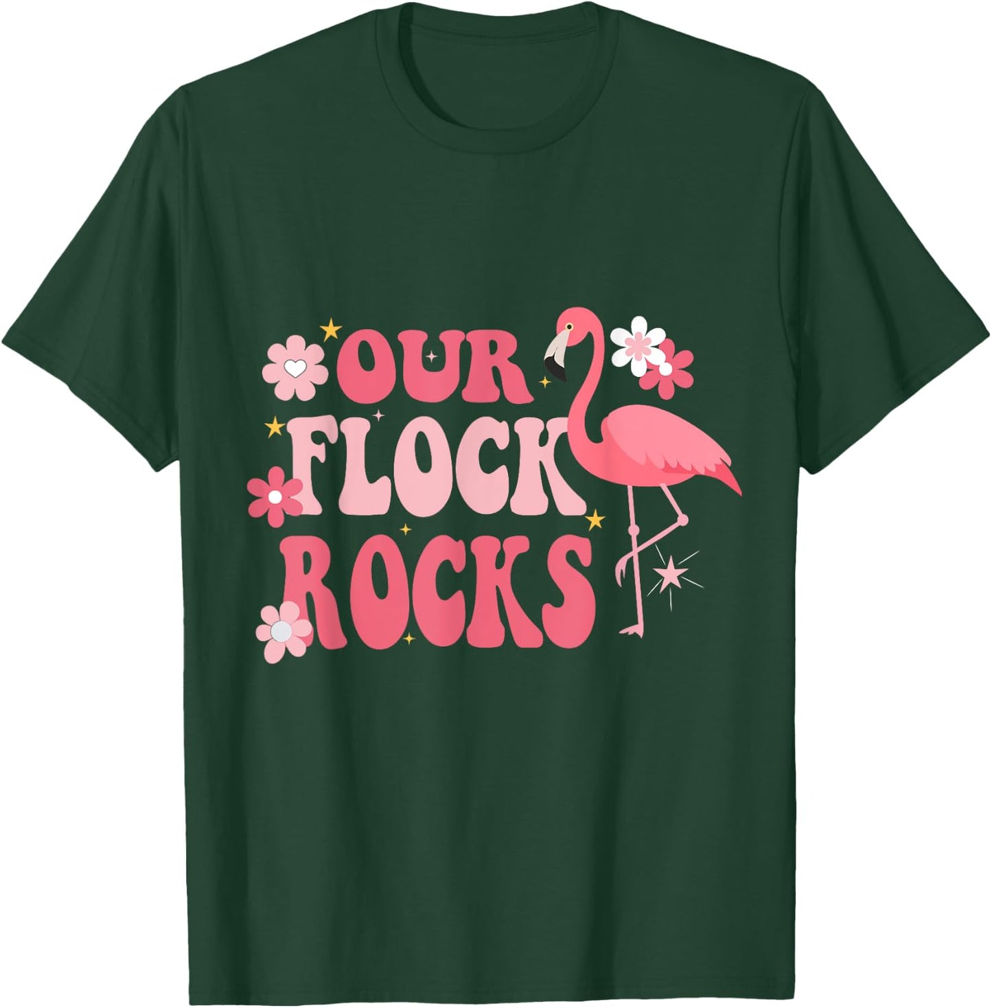 Our Flock Rocks Flamingo Mother's Day Groovy T-Shirt - T-Shirt | Forest