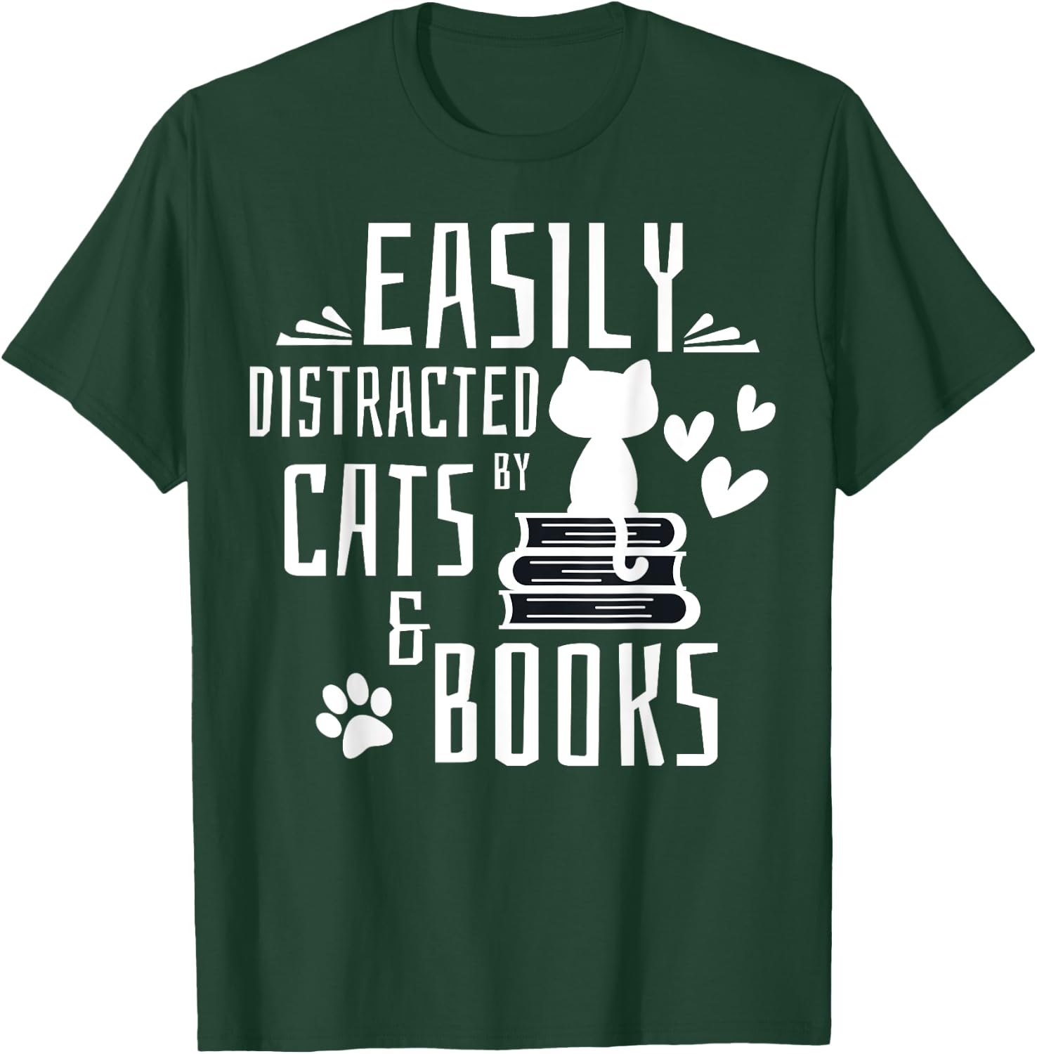 Easily Distracted By Cats And Books Gifts Kids Girls Boys T-Shirt - T-Shirt | Forest