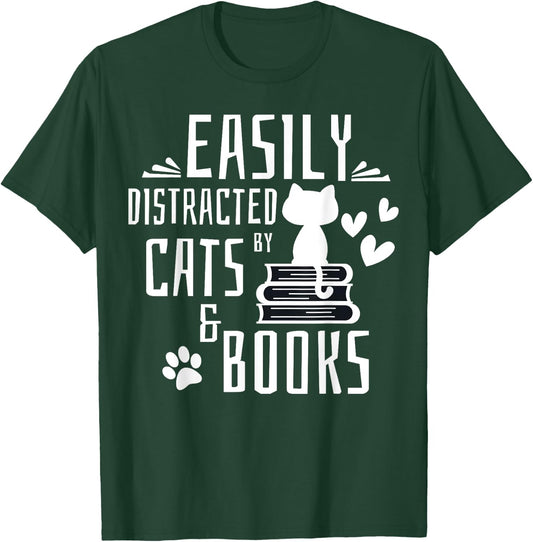 Easily Distracted By Cats And Books Gifts Kids Girls Boys T-Shirt - T-Shirt | Forest