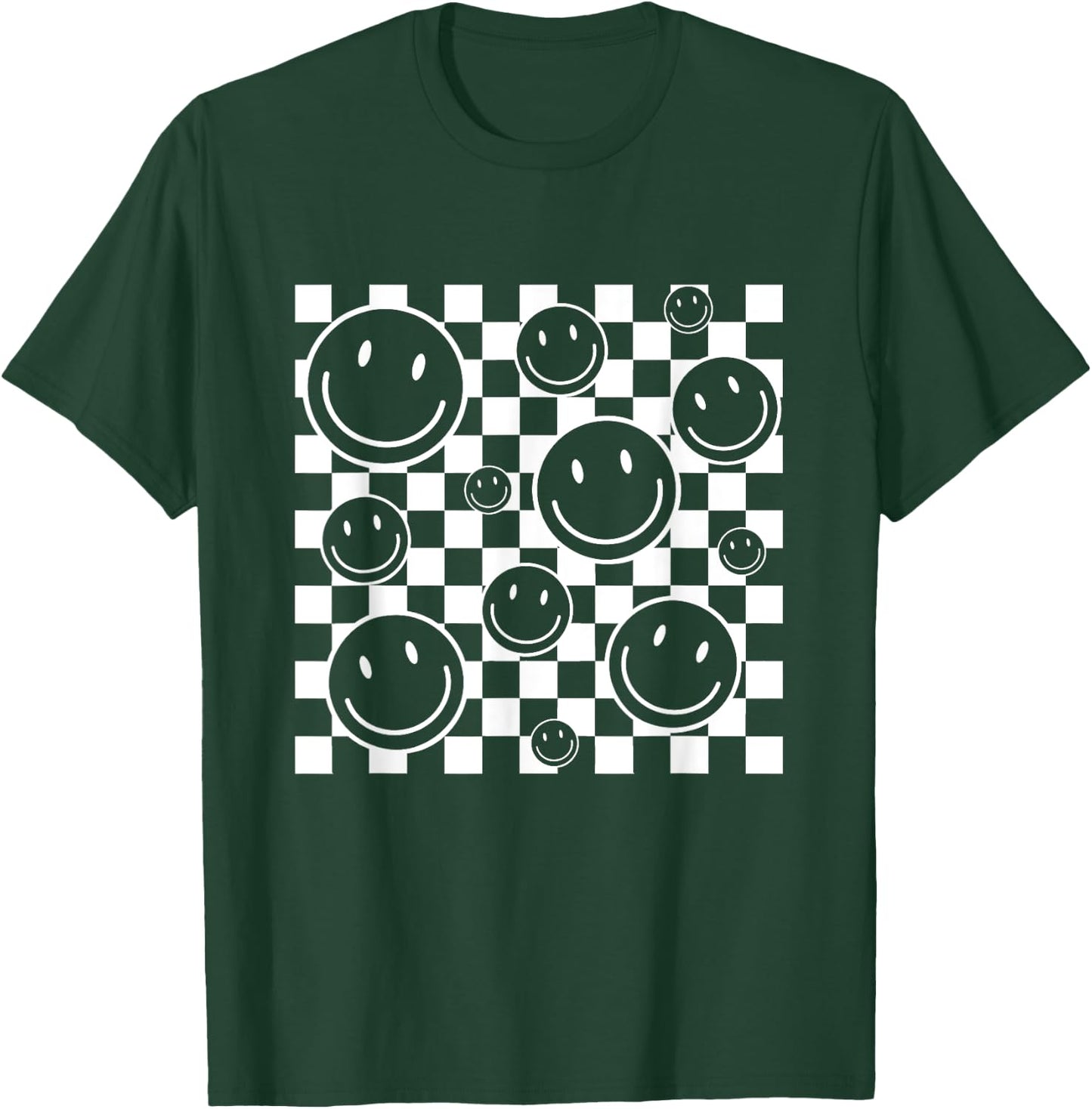 Retro Happy Face Checkered Flag Pattern Men Kids T-Shirt - T-Shirt | Forest