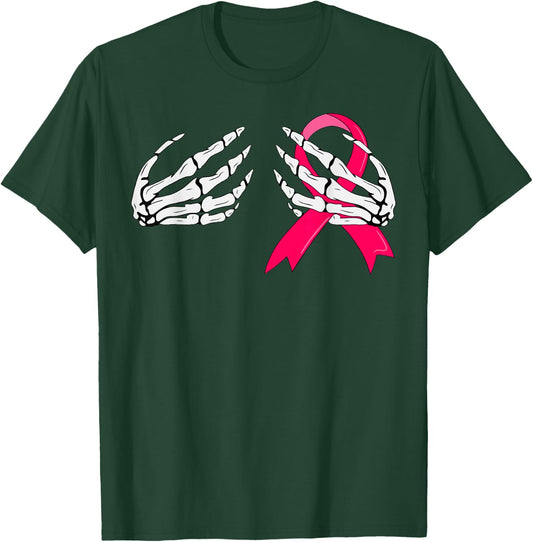 Pink Ribbon Skeleton Hand Breast Cancer Awareness T-Shirt - T-Shirt | Forest