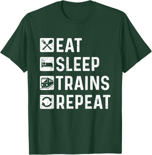 Eat Sleep Trains Repeat - Railroad Railway Locomotive Driver T-Shirt - T-Shirt | Forest