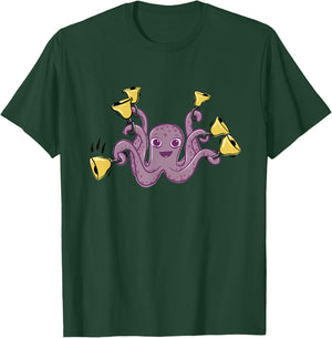 Octopus Ringing Handbells Cartoon T-Shirt - T-Shirt | Forest