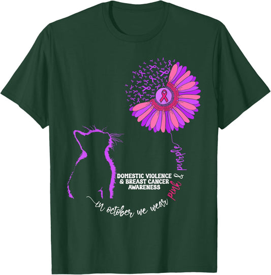 Cat Domestic Violence And Breast Cancer Awareness Groovy Men Women Girls Kids T-Shirt - T-Shirt | Forest
