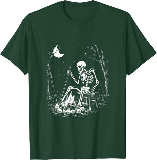 Camping Skeleton Bones Halloween Forest Campfire Graphic T-Shirt - T-Shirt | Forest