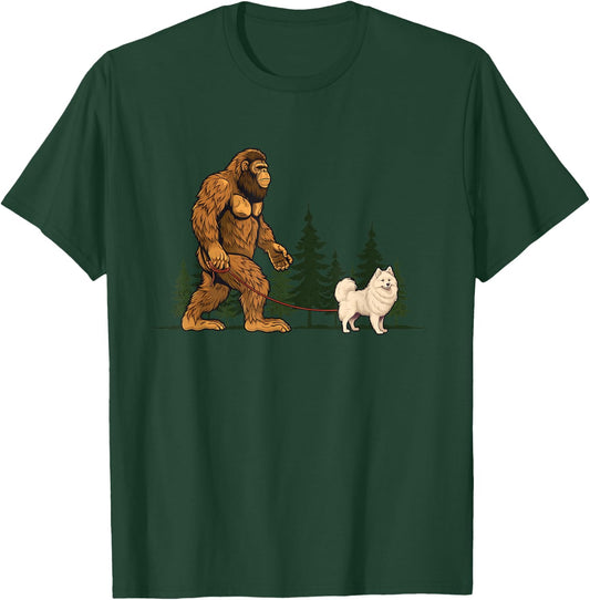 Funny American Eskimo Bigfoot Dog Walking Dog Mom Dad Kids T-Shirt - T-Shirt | Forest