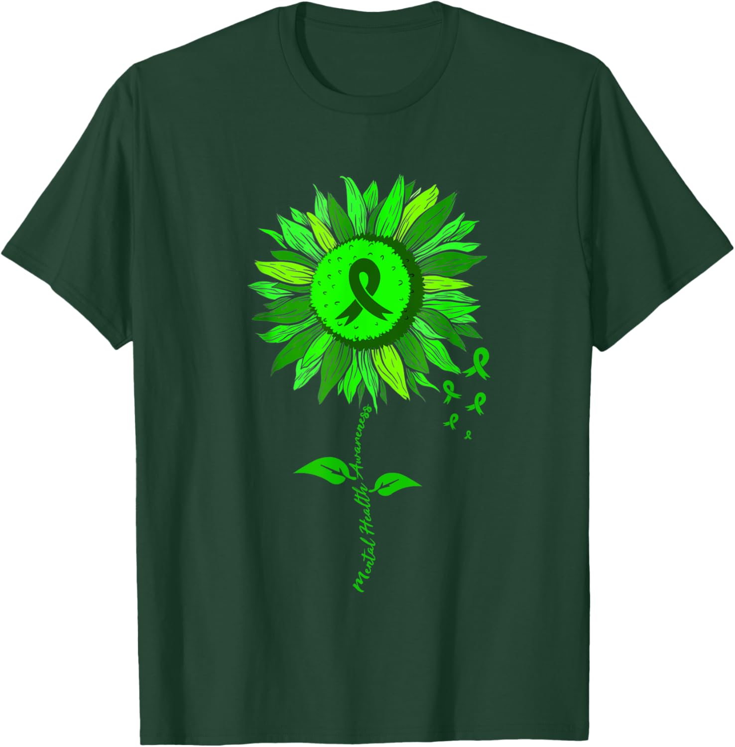 Mental Health Awareness Sunflower Green Ribbon Stigma T-Shirt - T-Shirt | Forest