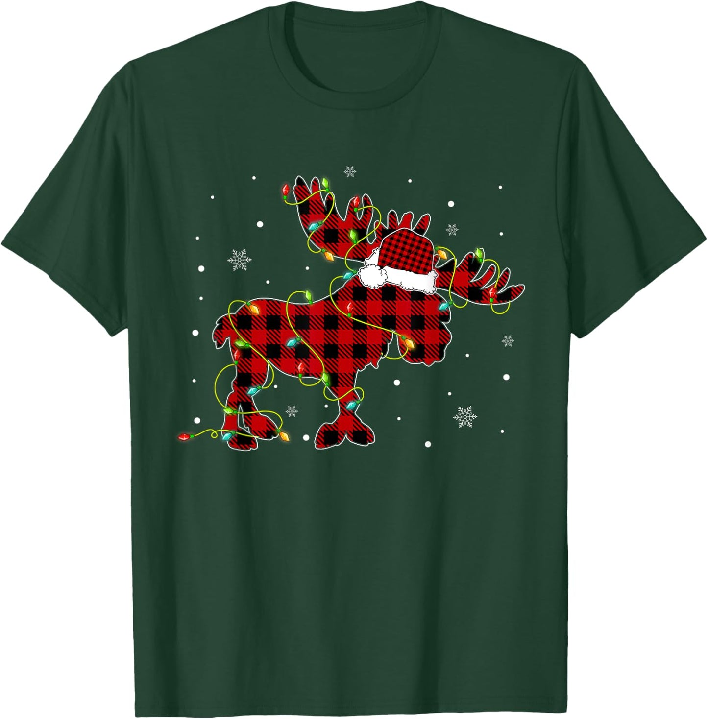 Red Buffalo Plaid Moose Santa Hat Christmas Tree Lights Xmas T-Shirt - T-Shirt | Forest