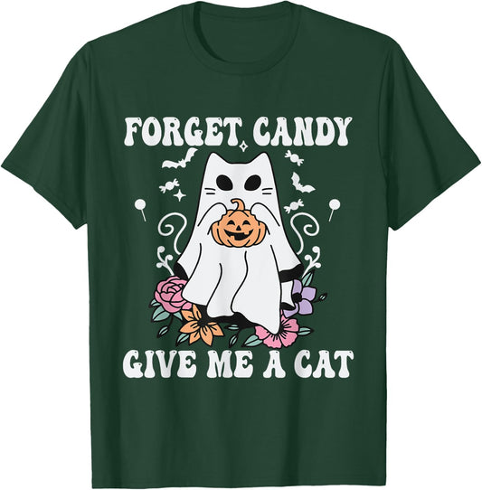 Floral Ghost Cat Halloween Forget Candy Give Me Cat T-Shirt - T-Shirt | Forest