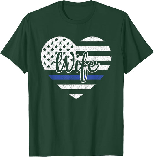 USA Heart Police Officer Wife Blue Line Police Wife Support T-Shirt - T-Shirt | Forest