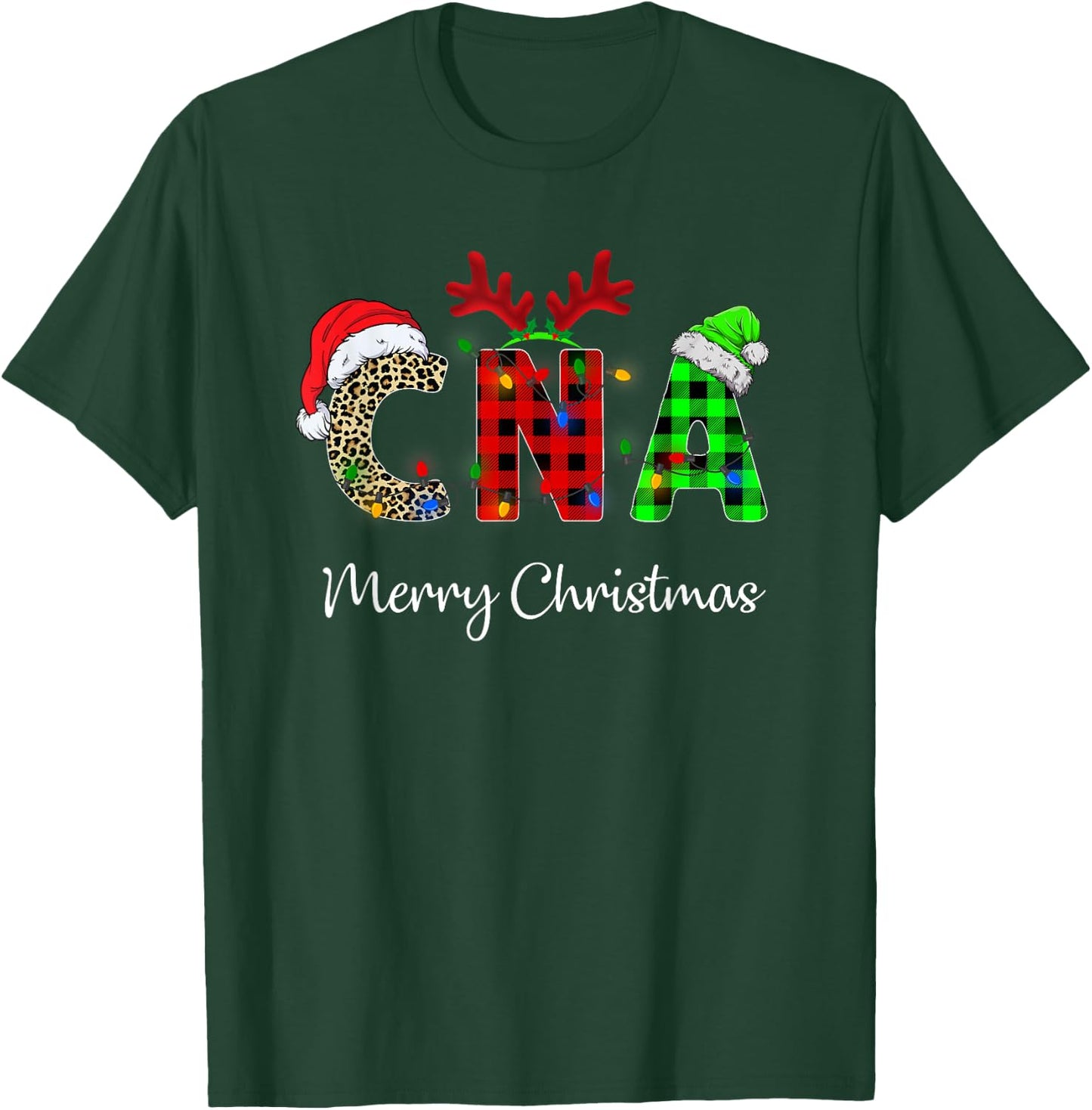 Leopard Red Plaid CNA Nursing Santa Hat Reindeer Christmas T-Shirt - T-Shirt | Forest