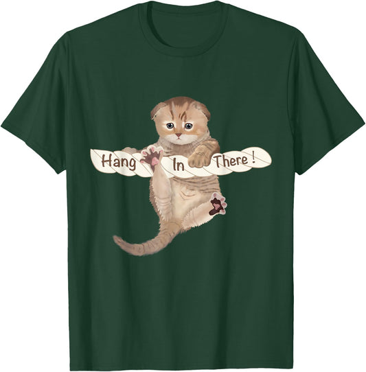 HUMORUS CATS Cute Cat 'Hang In There' Motivational & Inspirational Adult - Black, Small T-Shirt - T-Shirt | Forest