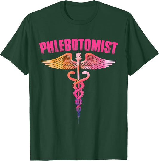Colorful Watercolor Caduceus Phlebotomist Men Women Novelty T-Shirt - T-Shirt | Forest
