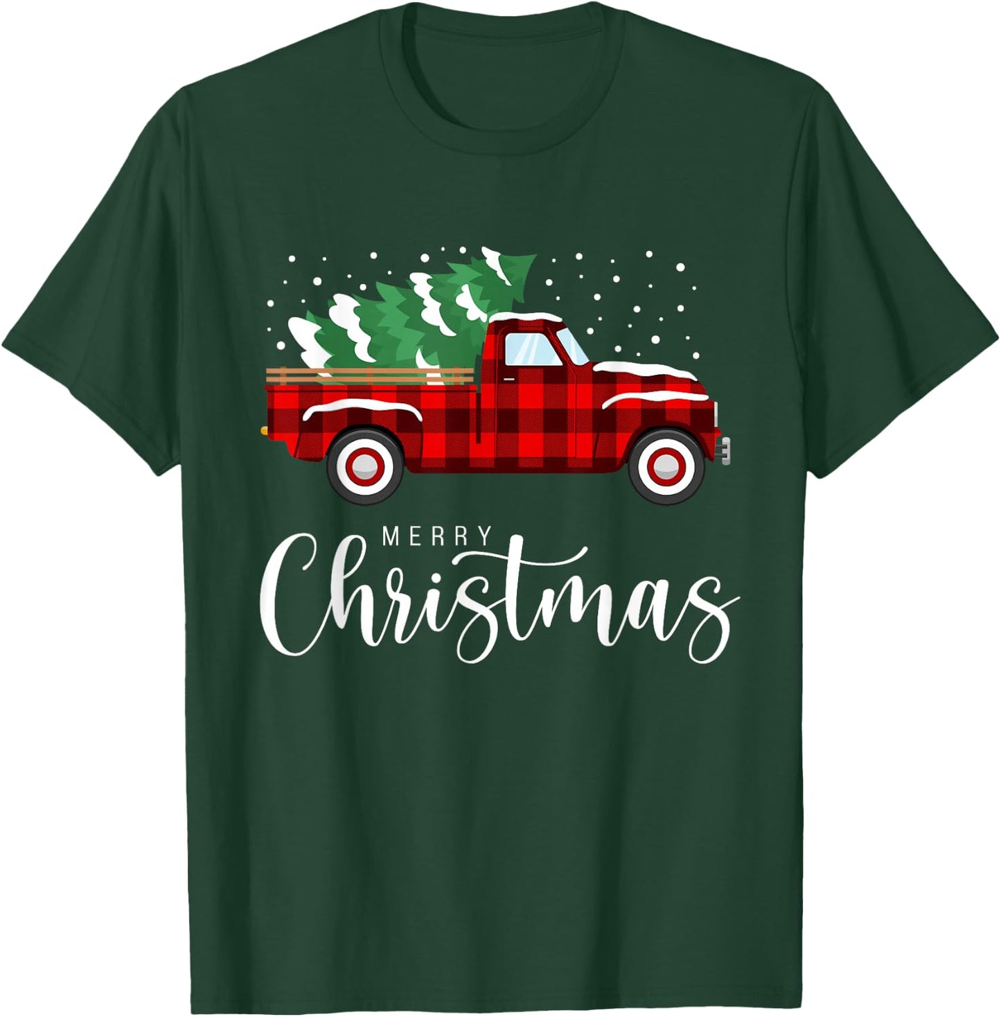Merry Christmas Red Truck Buffalo Plaid Xmas Retro Vintage T-Shirt - T-Shirt | Forest
