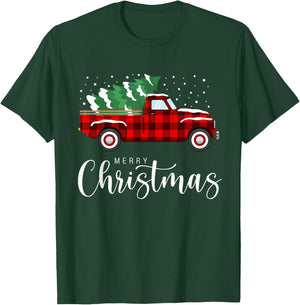 Merry Christmas Red Truck Buffalo Plaid Xmas Retro Vintage T-Shirt - T-Shirt | Forest