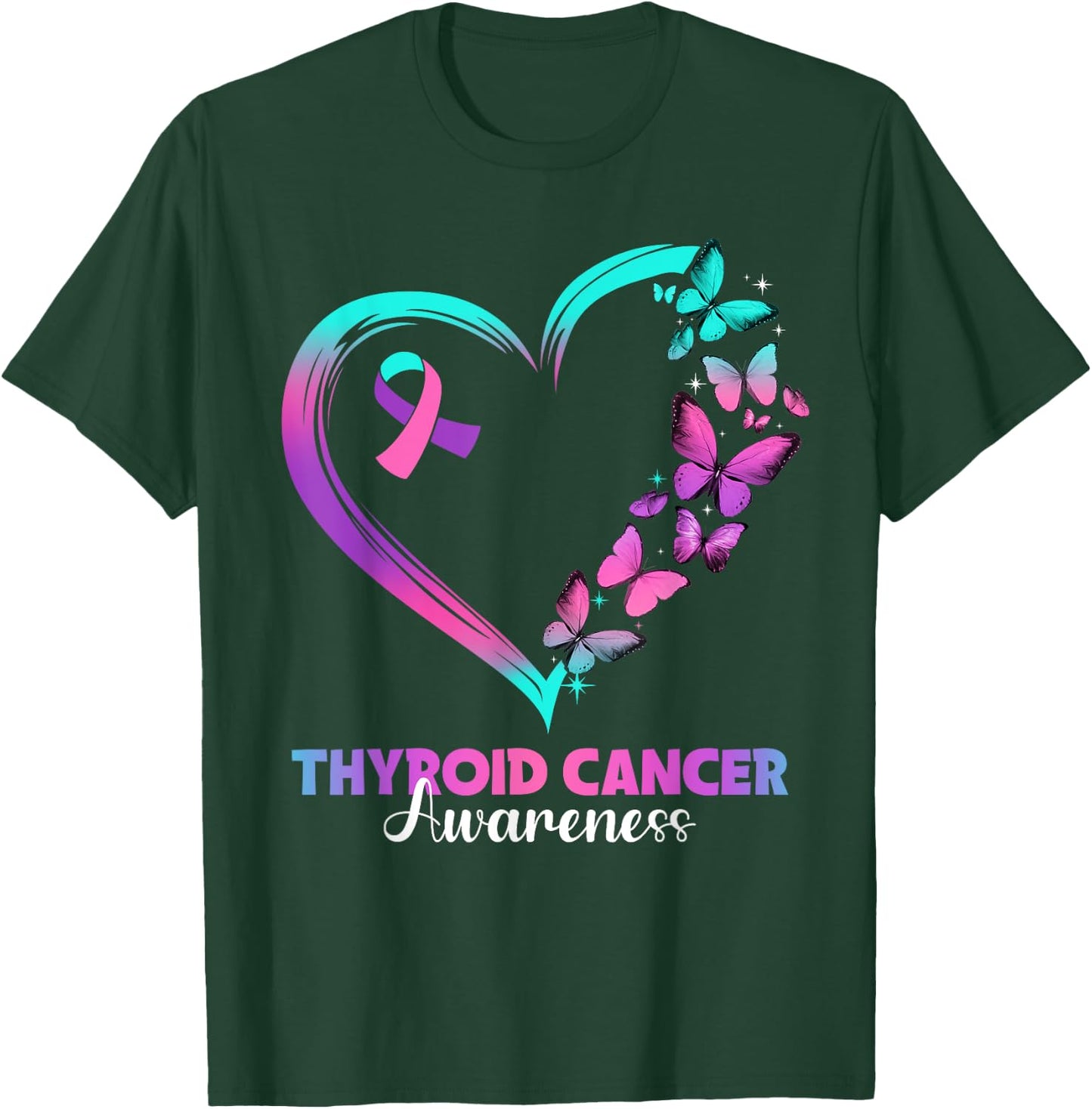 Butterfly Heart Ribbon Thyroid Cancer Awareness Warrior T-Shirt - T-Shirt | Forest