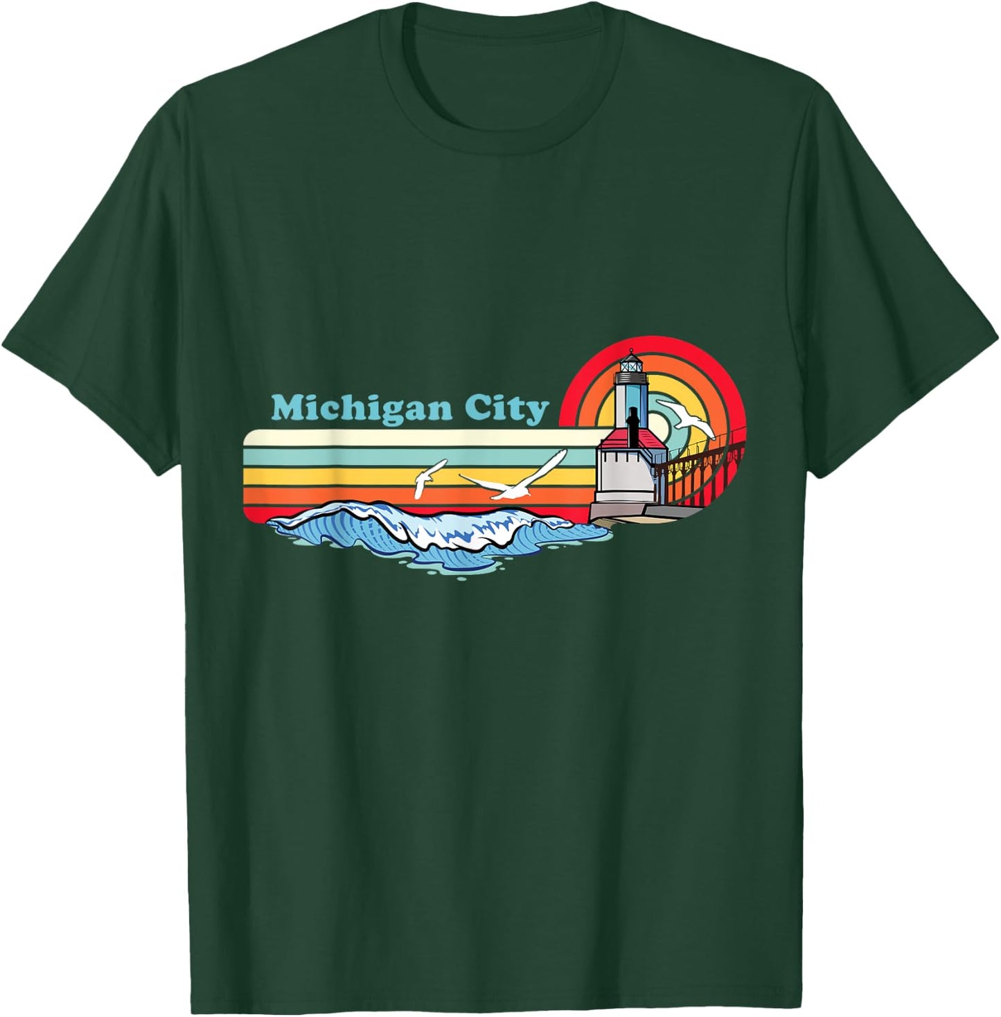 Michigan City Indiana Retro Beach Design with Lighthouse Men Women Girls Kids T-Shirt - T-Shirt | Forest