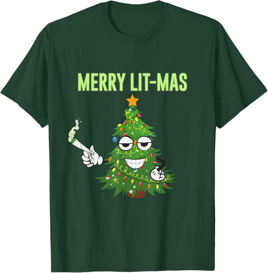 Merry Lit-Mas Christmas Trees Lights Funny Couples Matching T-Shirt - T-Shirt | Forest