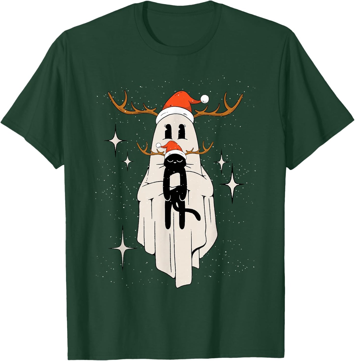 Cute Ghost with Santa Hat holding Black Cat - Kids Women Men T-Shirt - T-Shirt | Forest
