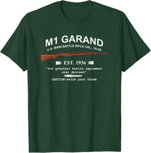 M1 Garand Rifle Gun WWII Watch Your Thumb EST 1936 Graphic T-Shirt - T-Shirt | Forest
